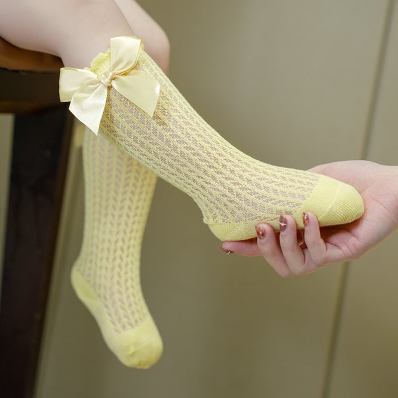 Summer Korean Baby Cotton Bow White Mesh Stocking Spanish Style Princess Cute Lace Knee High Long Socks for Newborn Infant Girls