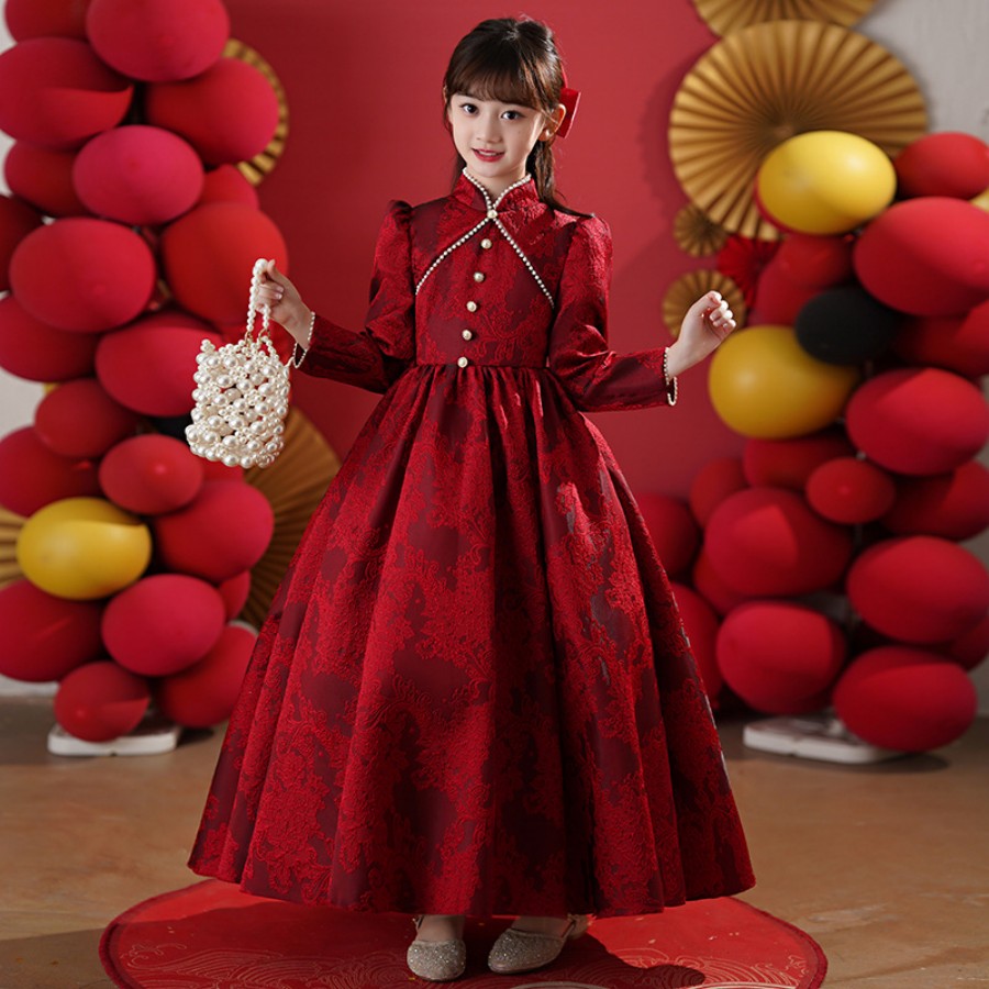 Chinese Style Princess Long Sleeve Front Button Special Occasion And Wedding Party Dress 3 To 14 Years Girls Festival Ball Gown