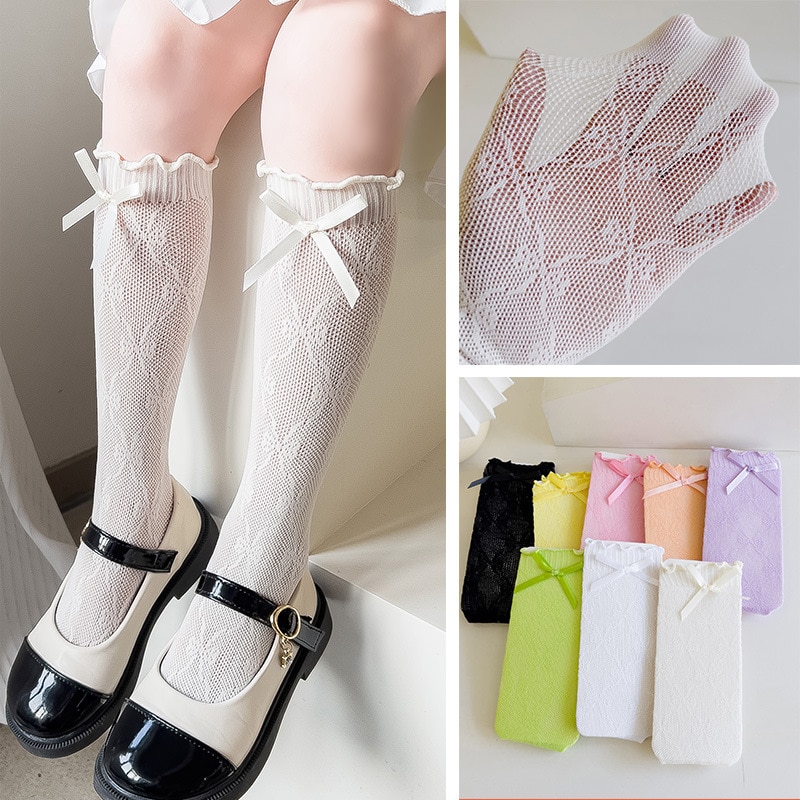 Summer Baby Girls Socks Toddlers Bow Long Sock Kid Knee High Soft Cotton Mesh Spanish Style Children 3-12 Years Breathable Socks