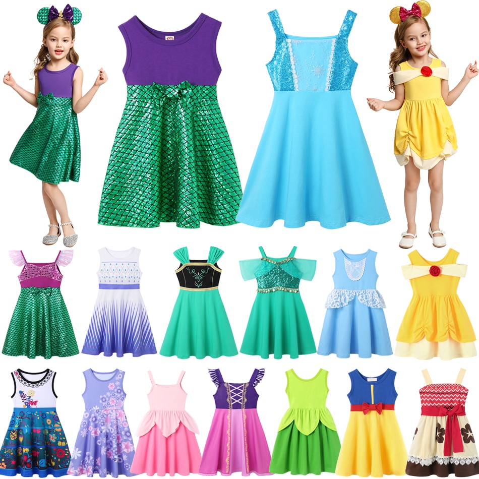Disney Frozen Elsa Dress Girls Cosplay Mermaid Ariel Moana Belle Jasmine Snow White Princess Costume Kids Summer Casual Clothes