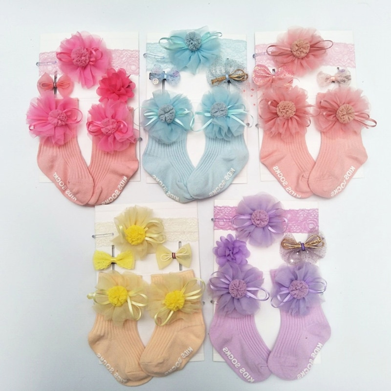 1 Set Flower Lace Soft Cotton Socks+Headband+Hairpins Gift Box Headwear Elastic Hair Band for Girls Princess Accessories