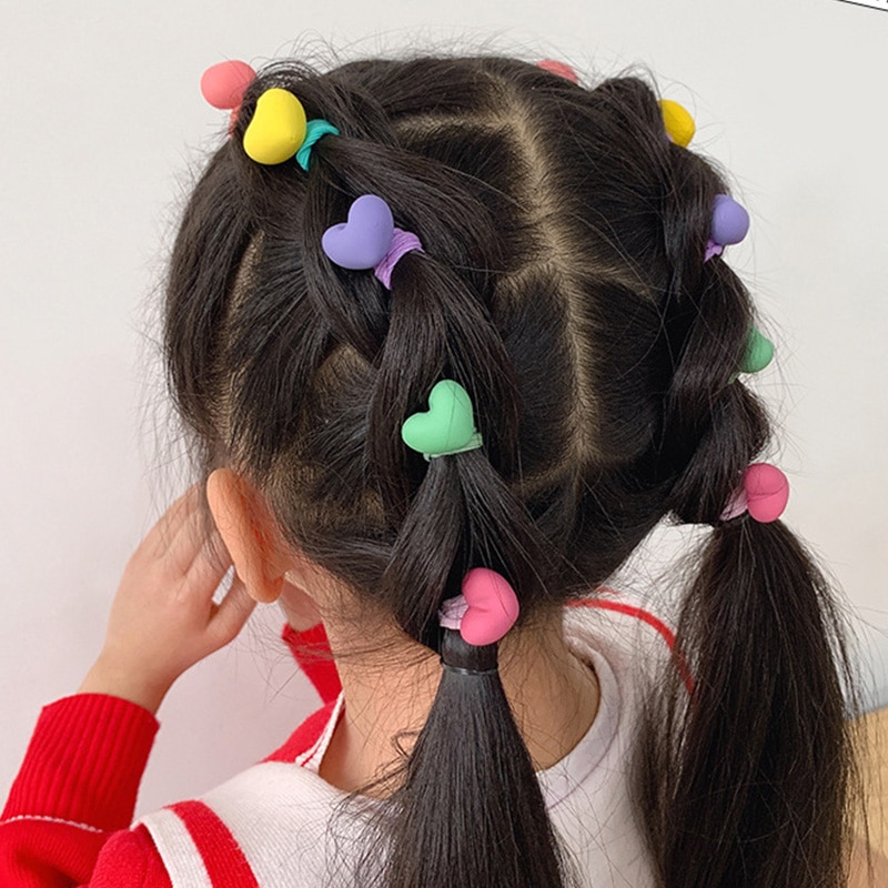 10pcs/Set Girls Cute Heart Shaped Frosted Bead Pendant Hair Rope Candy Color Children's Geometric Elastic Hair Bands Headwe