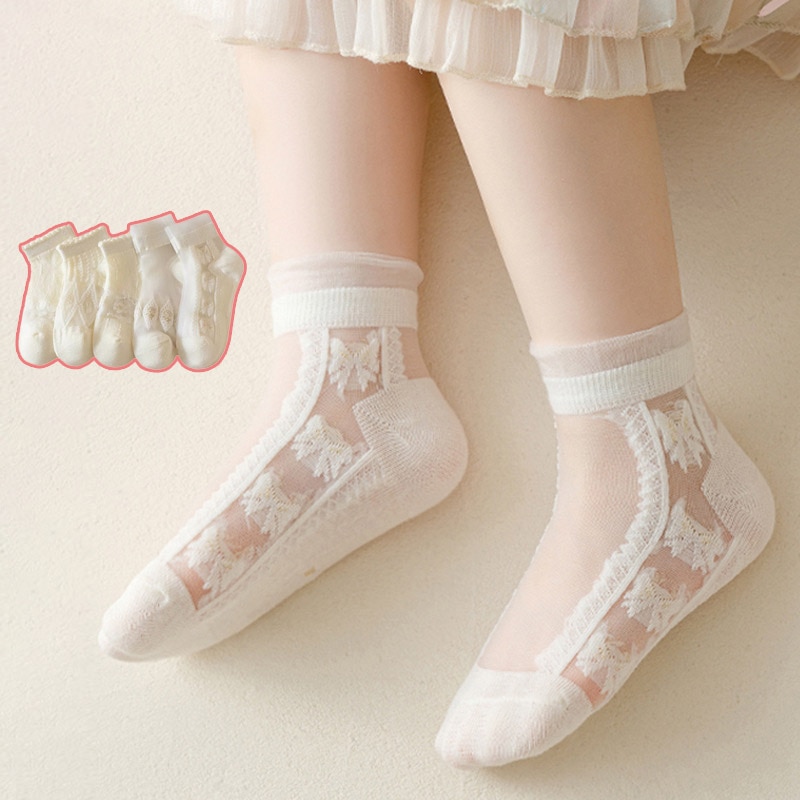 5Pairs/Lot Summer Baby Girls Socks Solid Breathable Mesh Children Short Sock Beige Lace Princess Kids Ruffle Lolita Socks