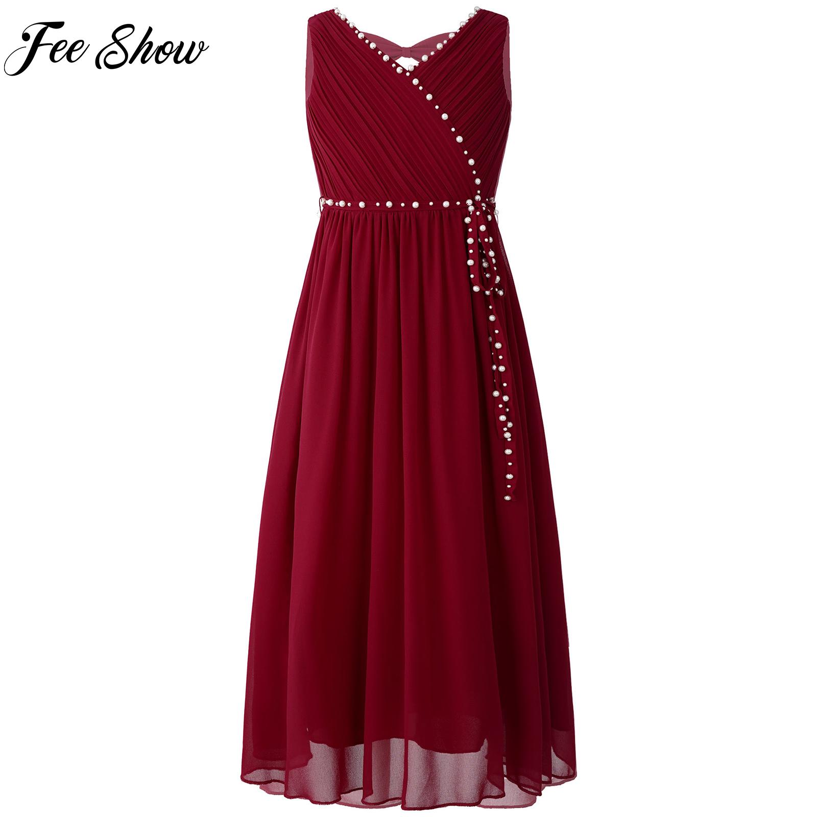 Kids Girls Elegant Beaded Chiffon Party Dress Ruched V Neck Sleeveless Bow Cut-out Dress with Detachable Sash