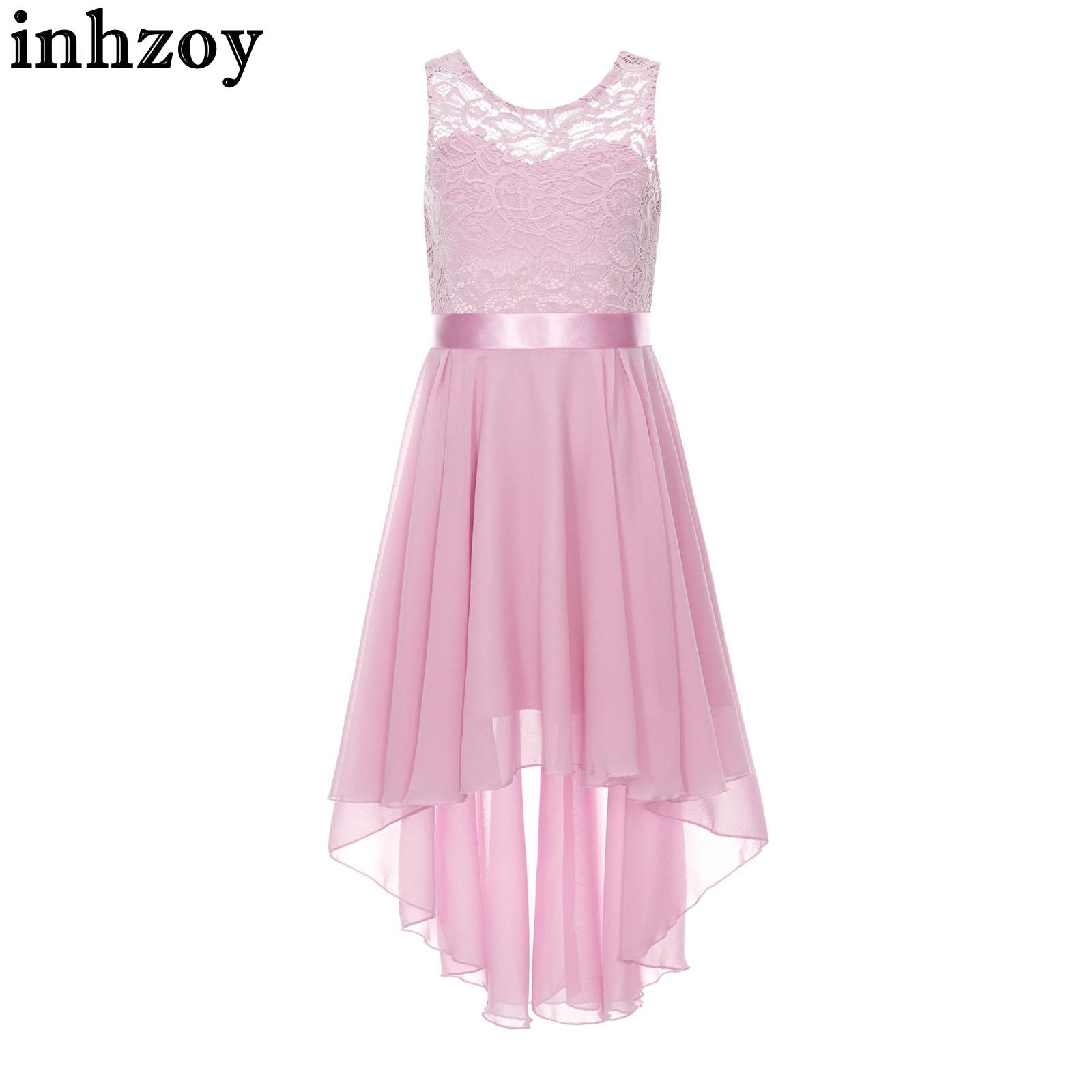 Flower Girls Wedding Bridesmaid Dress Kid Lace Floral High Low Hem Chiffon Dress with Silk Waistband for Princess Birthday Party