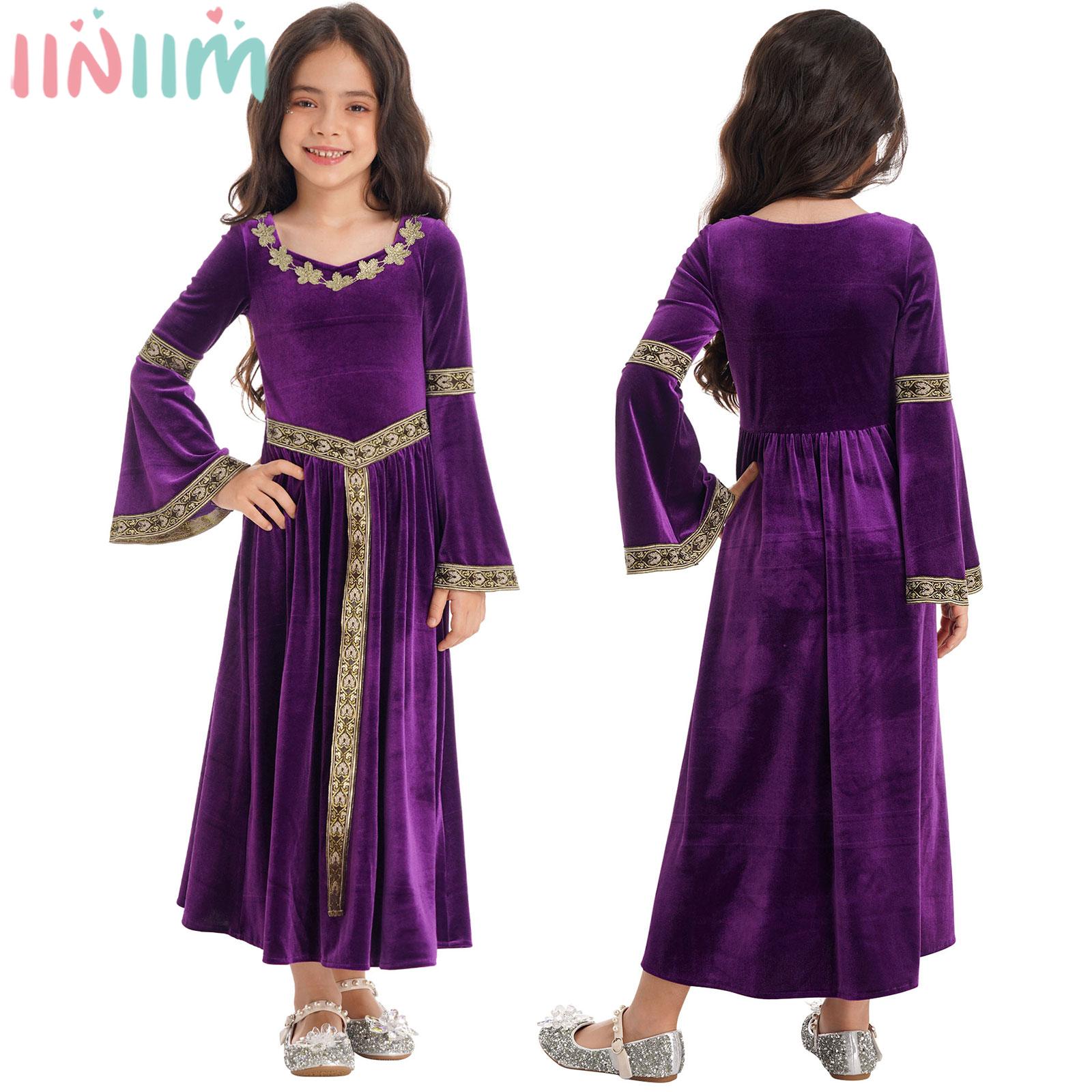 Kids Girls Vintage Medieval Renaissance Cosplay Performance Costume Halloween Masquerade Theme Party Clothes Lace-up Robe Dress