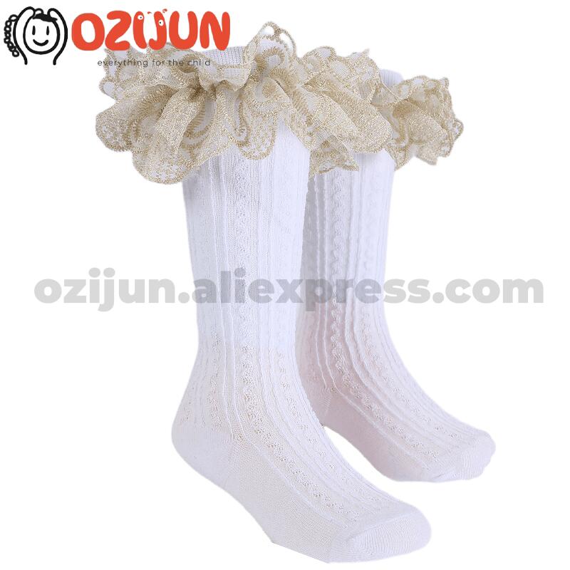 Wholesale 6 Pairs Luxury Gold Frilly Lace Baby Toddler Long Socks Noble Princess Kids Girls White Knee Socks 0-4-7-10 Years