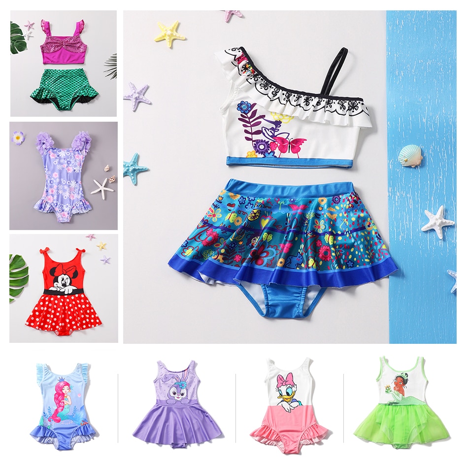 Disney Swimsuit Cosplay Encanto Isabela Mirabel Mermaid Ariel Girls Tankini Top and Bikini Bottom Swim Set Holiday Beach Wear