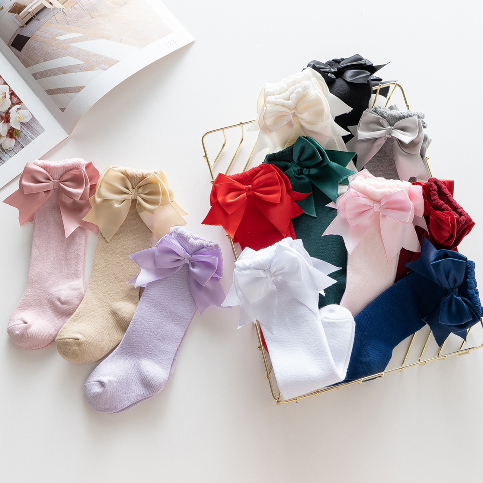 Infant Baby Girls Below Knee Socks Cute Bow Cotton Baby Toddler Bowknot Solid Color Socks Kid Breathable Sock 0-2Y