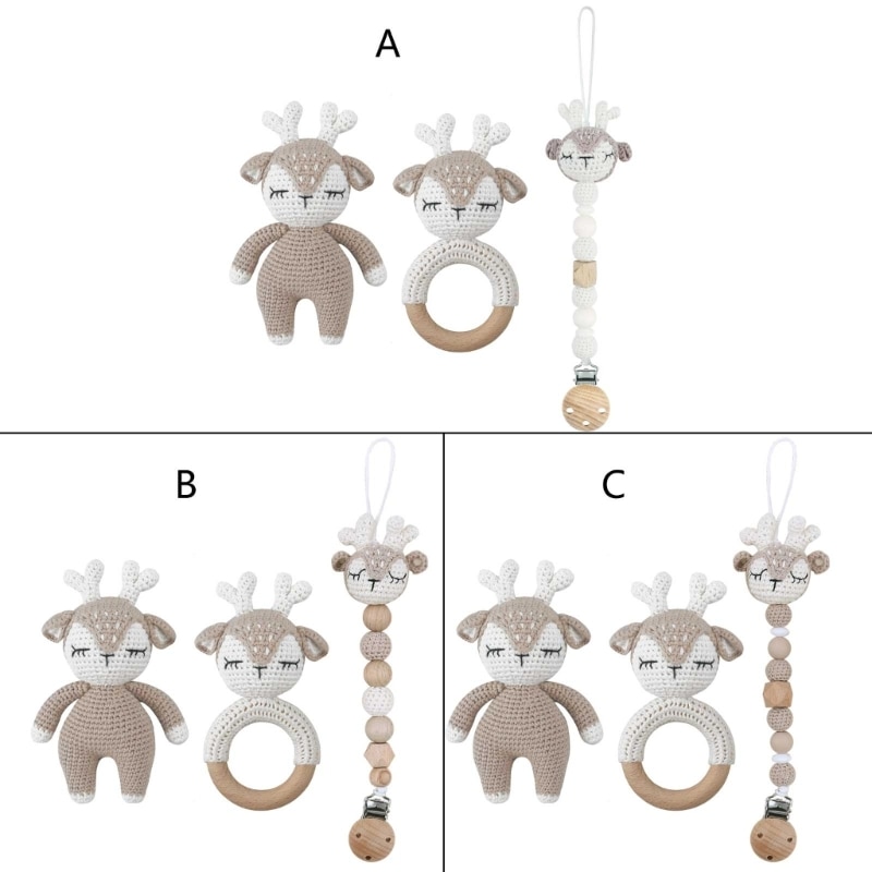 Pacifier Chain Set Including Pacifier Clip Holder Baby Teether Raffle-Bell Crochet Baby Shower Gift for Infant