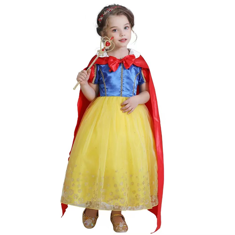 Fashion Baby Girl Snow White Princess Dress Long Shawl Fluffy Skirt Gold Plated Flower Dress Vestido Party Child Clothes 2-12Y