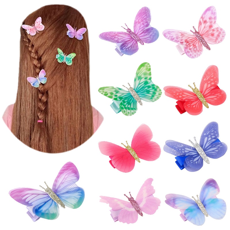 Glitter Butterfly Barrette Color Double Layers Tulle Butterfly Hair Clip Kid hairpin Wedding Butterfly Barrette Hair Accessories