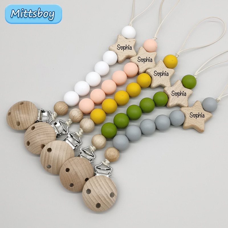 NEW Personalized Beech Baby Pacifier Clip Custom Name Infant Dummy Clip Baby Teether Newborn Gift Handmade Wooden Teething Toys