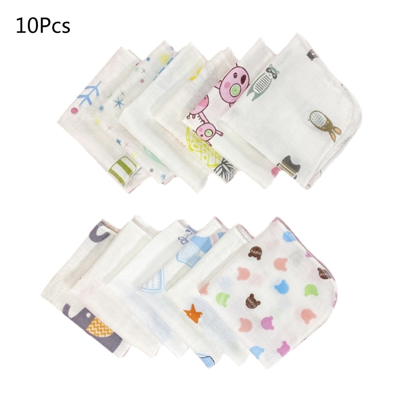 10Pcs Baby Washcloths Set Cute Cartoon Print Double Layer Gauze Infant Face Towel Reusable Wipes Absorbent Burp Cloth