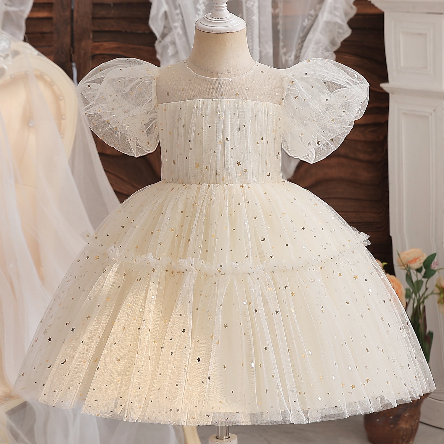 Kids Dresses for little girls Sequin Puffy Sleeves Dress 1-5Y Wedding Flower Girl Dress Baby Girl Birthday Party Princess Dress