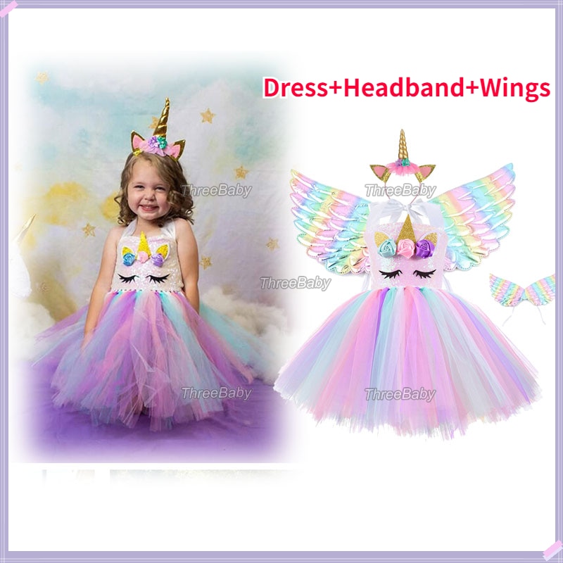 Set Rainbow Dress for Kids Girls Princess Dress for Girls Cake Sash Outfit Child Cosplay Performance Photograph Clothes