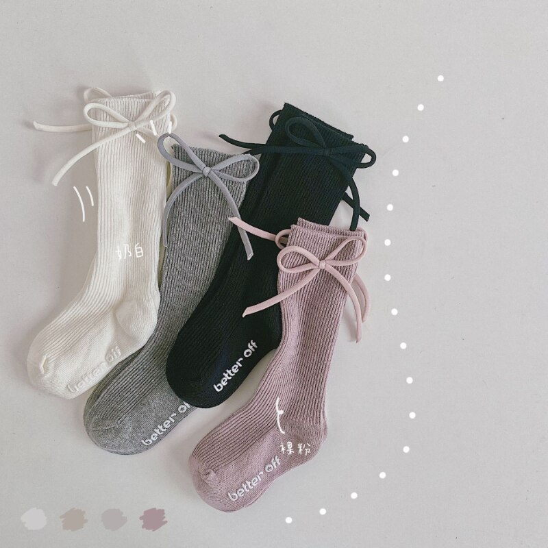 Autumn Kids Knee High Socks Baby Girls Boys Bowknot Flat Long Sock Soft Cotton Solid Children Princess Socken for 0-7 Years