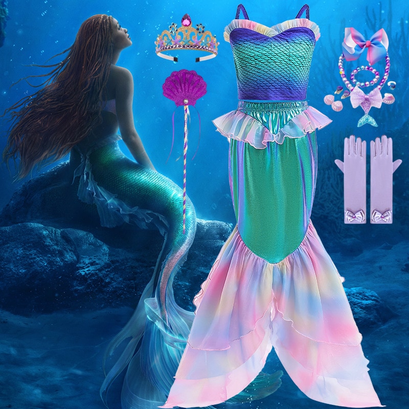 2023 New Movies Girls Ariel Princess The Little Mermaid Tails Dress+Top 2 Pcs Cosplay Vestidos Party Children Halloween Clothes