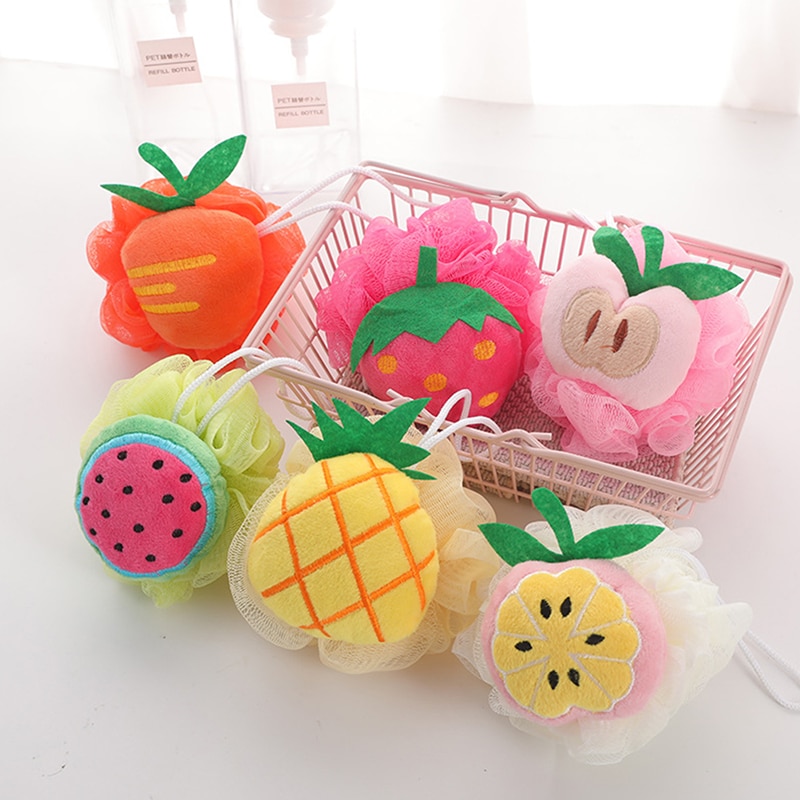 1PC Cute Fruit Bath Shower Sponge Loofahs Mesh Pouf Shower Ball Colorful Cartoon Body Scrubber Balls Shower Mesh for Kids Adults