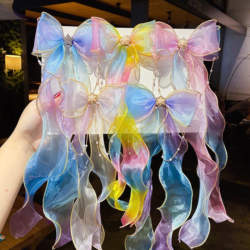 Hair Clips For Girls Children Bowshairpin Long Ribbon Hairdressing Side Clips Pearl Tassel Barrettes Summer Hair Accessories