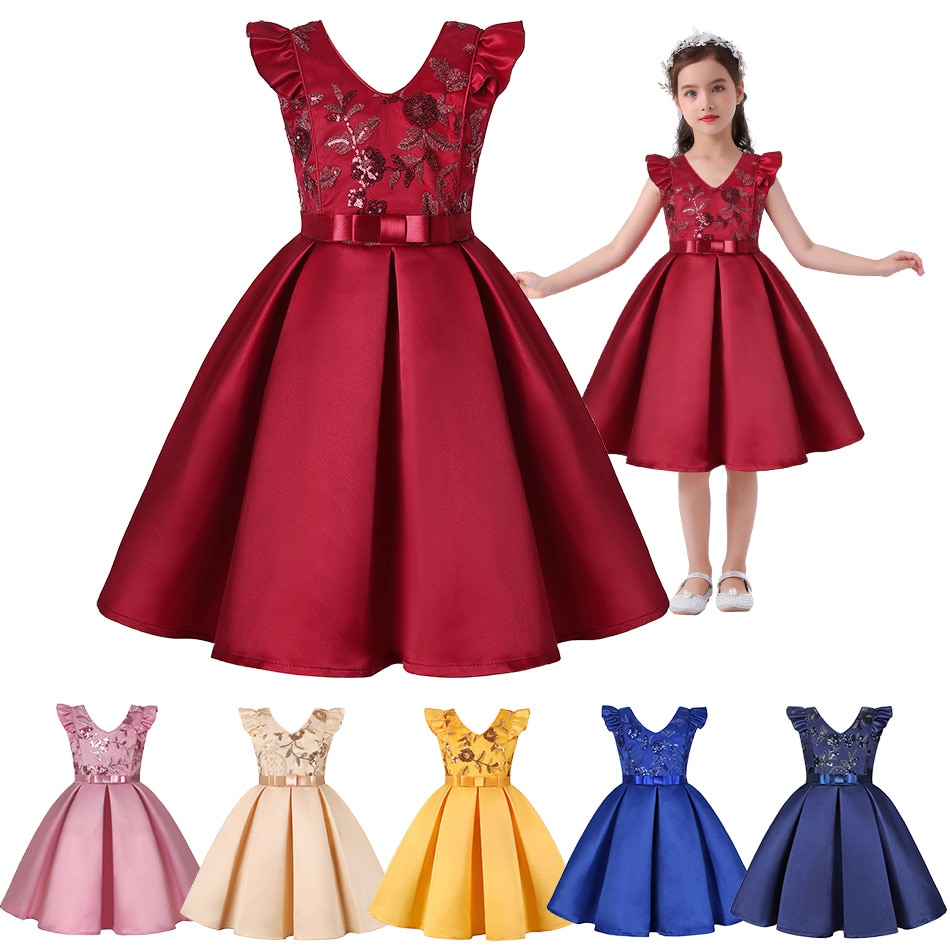 Girls Red Christmas Princess Dress V-neck Backless Bow Elegant Bridesmaid Gown Kids Birthday Party Wear Sequins Formal Costume