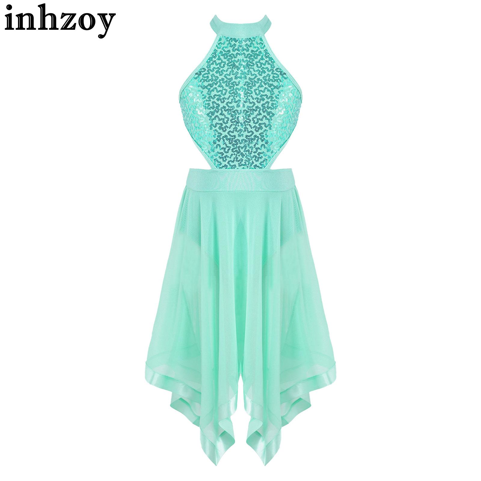 Kids Girls Cutout Back Waist Shiny Sequins Leotards Dress Sleeveless High Low Hem Dress Lyrical Dance Figure Ice Skating Costume