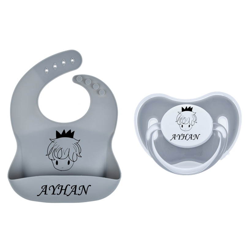 Personalized any name boy girl Silicone Baby Bibs pacifier set - Soft Silicone Bib with Food Catcher and Waterproof Material