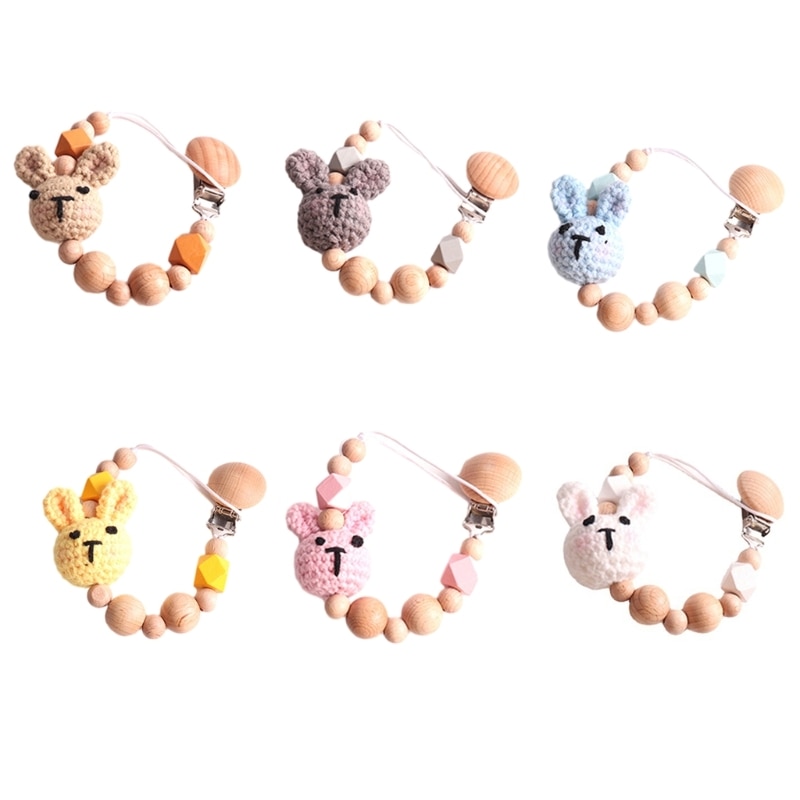 1pc Bunny Pacifier Chain Clip Wood Crochet Rabbit Teething Chain Baby Teether Soother Holder Newborn Product Baby Pacifier Clip