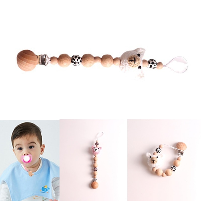 Cartoon Animal Pacifier Clips Appease Soother Chain Wood Beads Dummy Holder GXMB