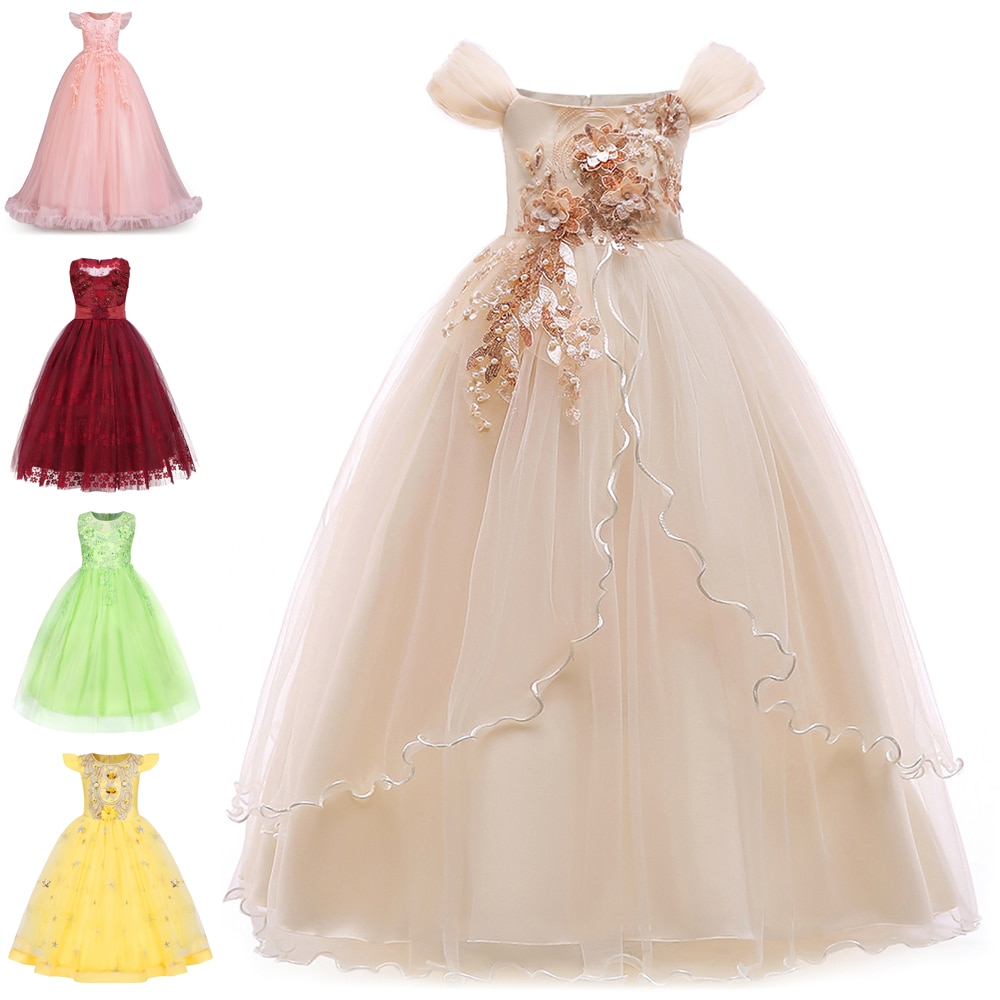Jurebecia Flower Girls Dress Lace Tulle Dresses Kids Princess Birthday Carnival Christmas Wedding Party Prom Ball Gown