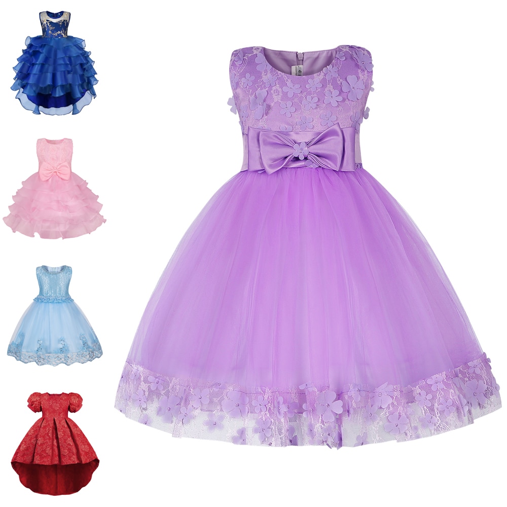 Jurebecia Flower Girl Dress Wedding Party Baptism Tutu Dresses Girls Floral Lace Bowknot Tulle Bridesmaid Pageant Ball Gown