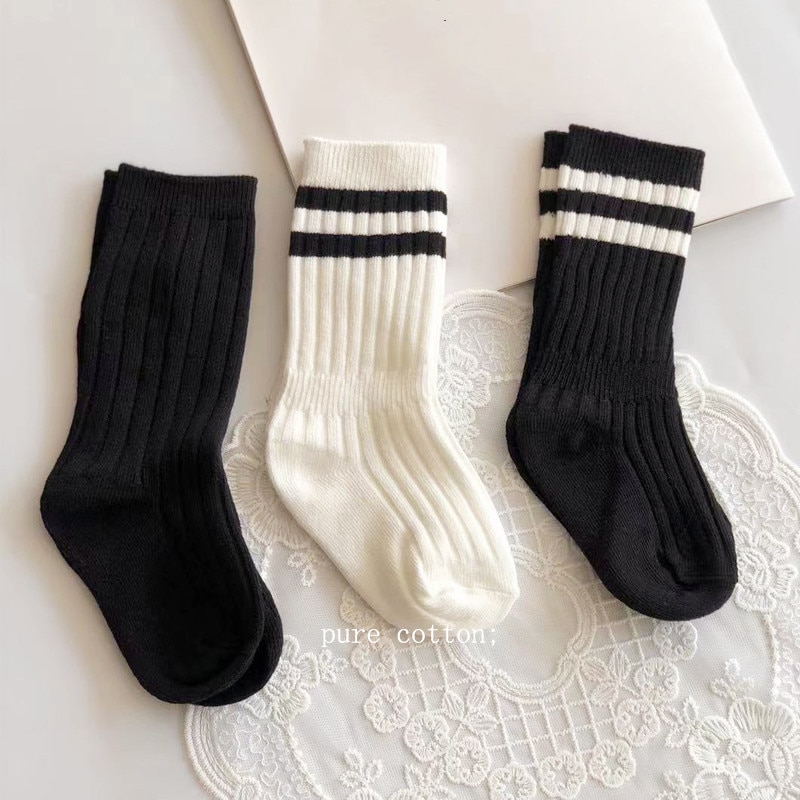 New Kids Cotton Sport School Floor High Long Socks Spring Autumn Cotton Black White Stitch Stockings for Boys Girls Baby Toddler