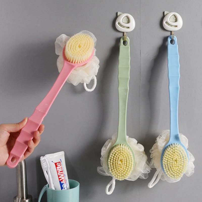 Bathroom Long Handle Soft Back Double-sided Bath Brush Two-in-one Can Be Hung With Baths Ball Rubbing Back Bath Brush