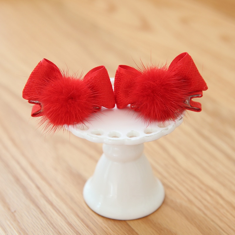 2 Pcs/pair Hairball Beaming Red Clips Headwear Children's Accessories Kids Baby Girls Bows pin Christmas Gifts