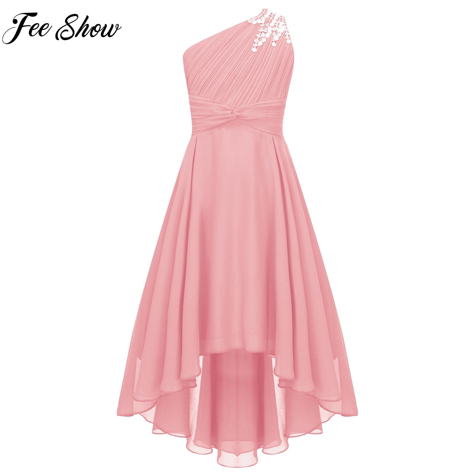 Flower Girl Dress Baby Kid Party Birthday Dresses Summer Shiny Beaded Princess One Shoulder Dress High Waist Dress Evening Proms