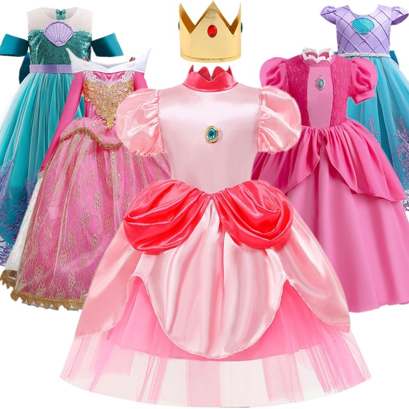 Peach Princess Cosplay Dress Girl Game Role Playing Costume Birthday Party Stage Performace Outfits Kids Carnival Fancy Clothes