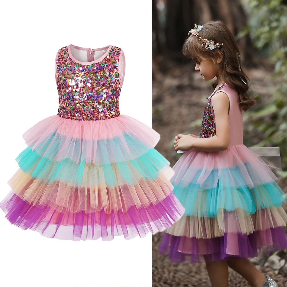 Flower Girl Sequence Sequin Rainbow Tulle Wedding Party Dresses Bridesmaid Birthday Pageant Ball Gown Summer Princess Cake Dress