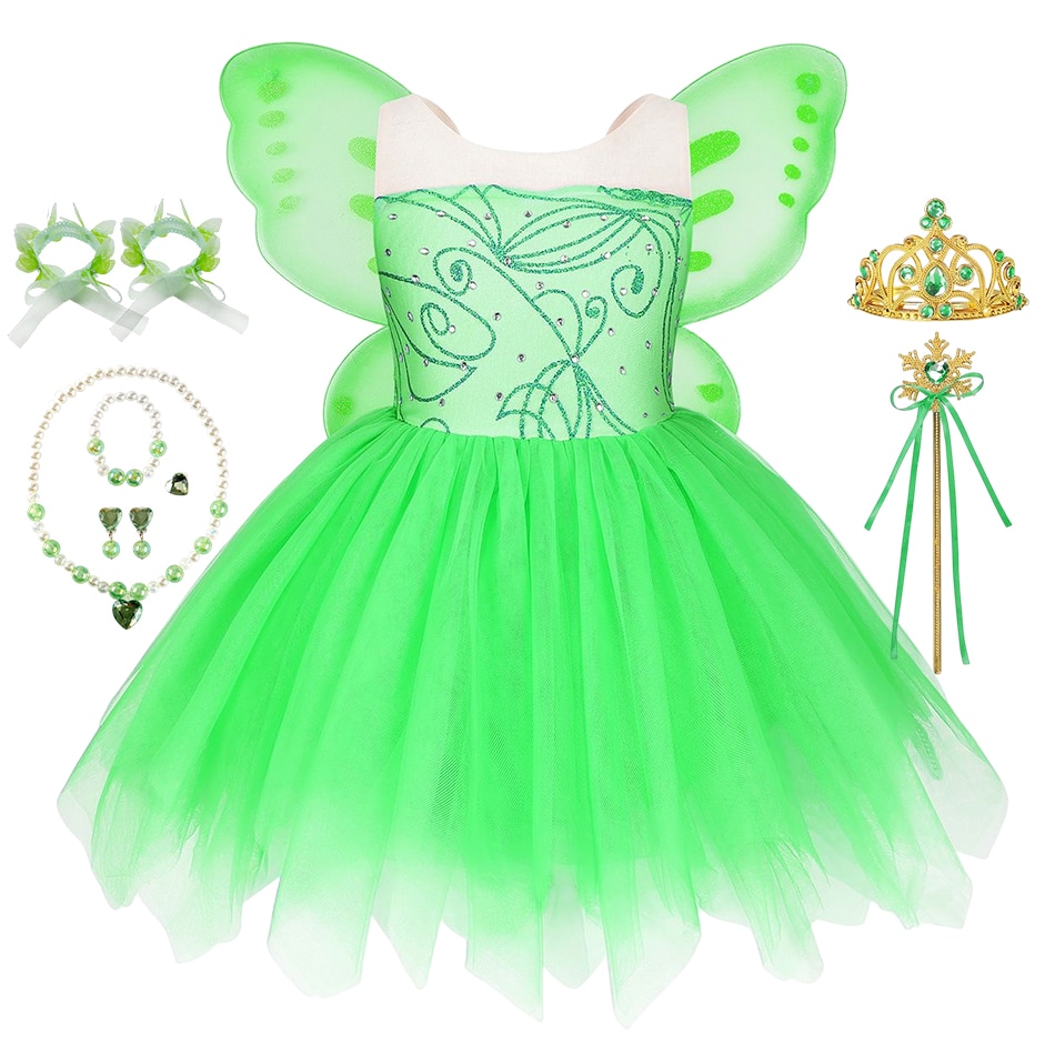 Disney Tinkerbell Fairy Outfit for Little Girls Princess Fancy Dress Birthday Party Halloween Dress Up Costume Cosplay Role Play