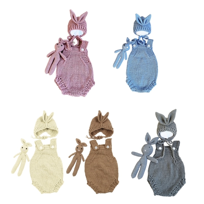 Baby Photoshoot Props Bunny Costume Set Jumpsuit Rabbit Ear Hat Doll Newborn Photo Props Photography Clothes Accessories