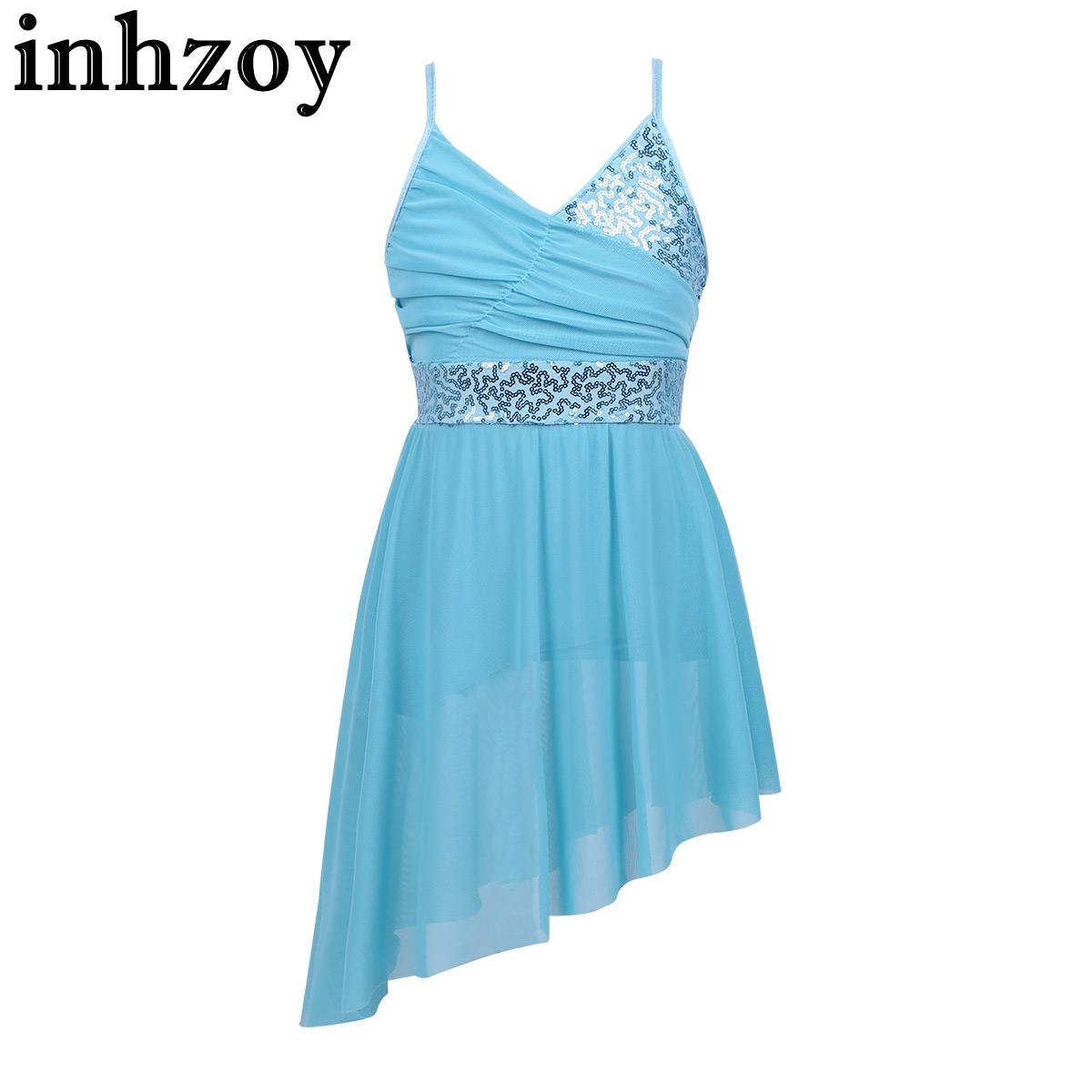 Kids Girls Latin Lyrical Dance Dress Spaghetti Shoulder Straps V-Neck Sequined Irregular Hem Leotards Dress Performance Costume