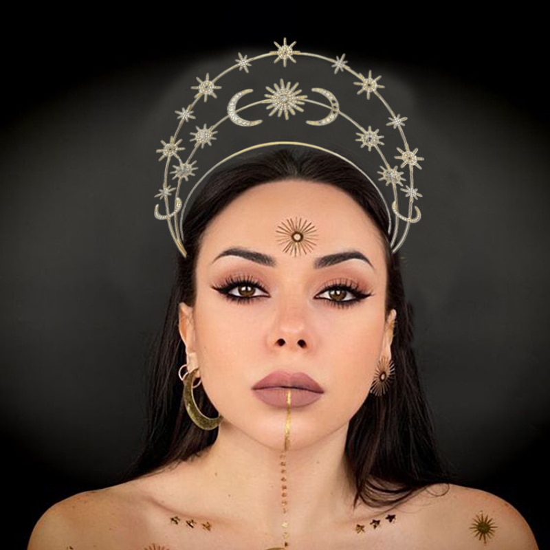 Halo Crown Headpiece with Earrings Star Moon Goddess Crown Headband Tiaras for Women Boho Wedding Hairband
