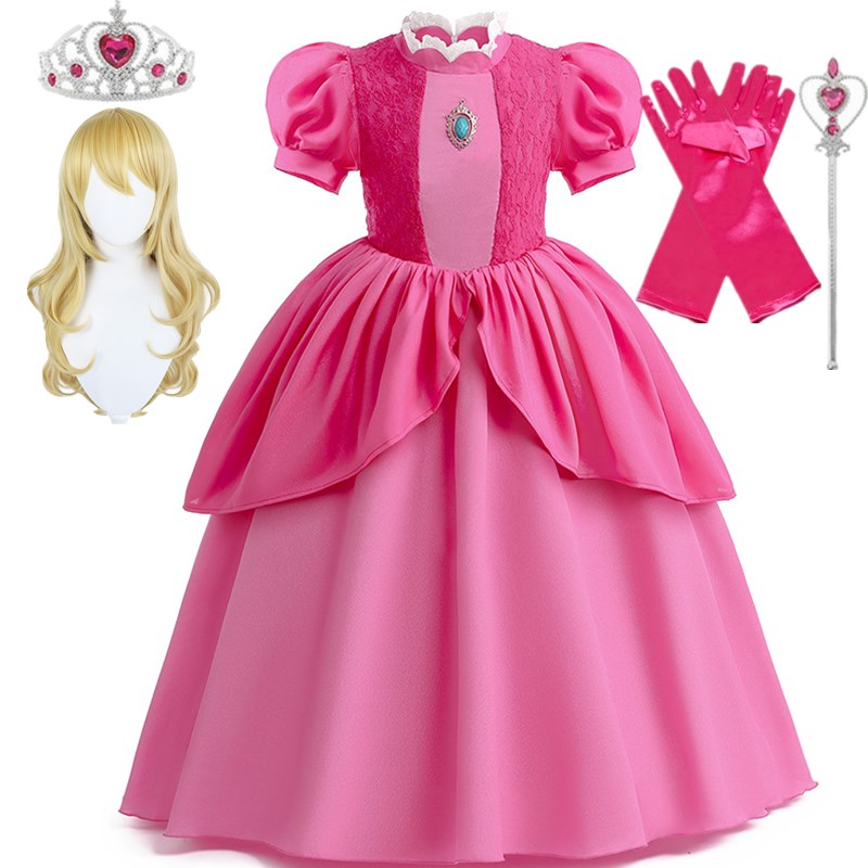 Peach Princess Cosplay Dress Girl Game Role Playing Costume Birthday Party Stage Performace Outfits Kids Carnival Fancy Clothes