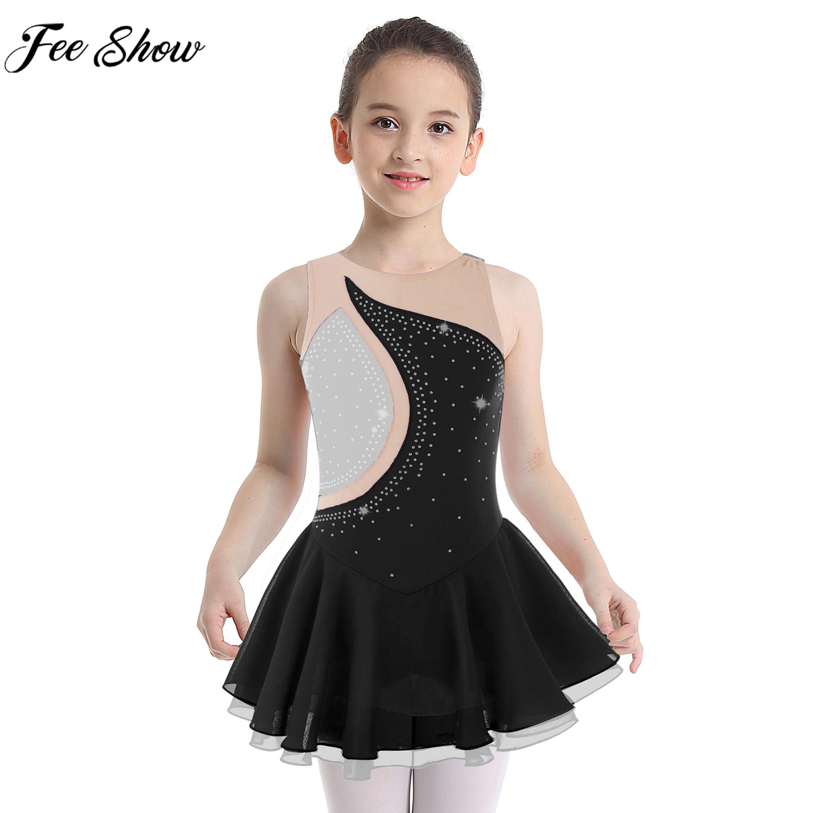 Child Girls Ballet Figure Skating Dance Dress Sleeveless Shiny Rhinestone Sheer Mesh Leotard Tutu Gymnastics Performance Clothes