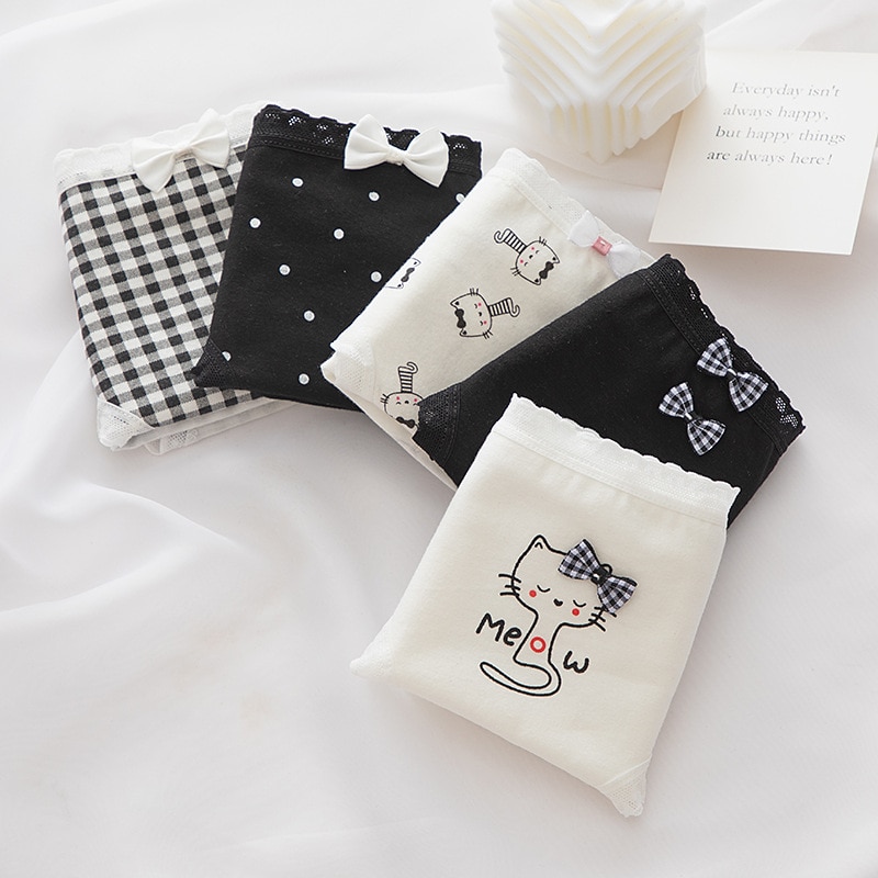 Young girl Underwear 6pc/lot Cotton Lovely middle Waist bow striped Briefs student Panties children pink Teenagers white black