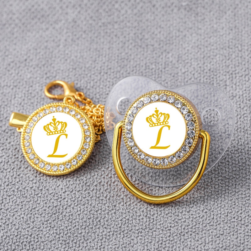 Luxury Gold Crown 26 Name Initial Letter Transparent Baby Pacifier Chain Clip Newborn Infant Soother Orthodontic Baby Pacifier
