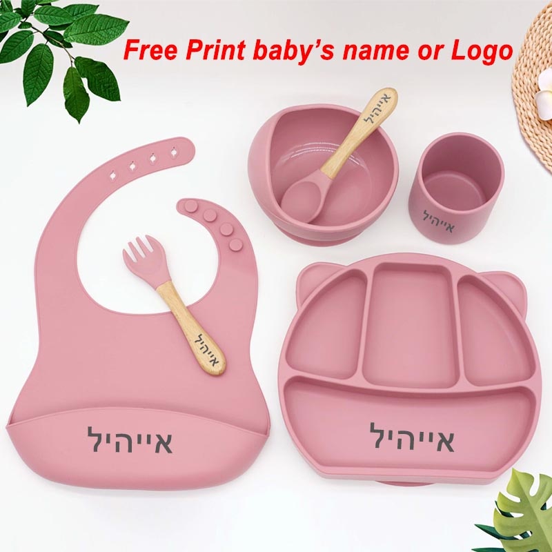 6Pcs Bear Dinner Plate Feeding Set For Kid Free Personalized Name Food Grade Silicone Suction Cup Plates Bowl Baby Tableware Set