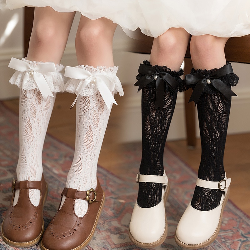New Summer Girls Socks Lolita Bow Lace Knee High Long Children Socks Spanish Style Pearl Accessories Baby Tube Socks 2-10 Years