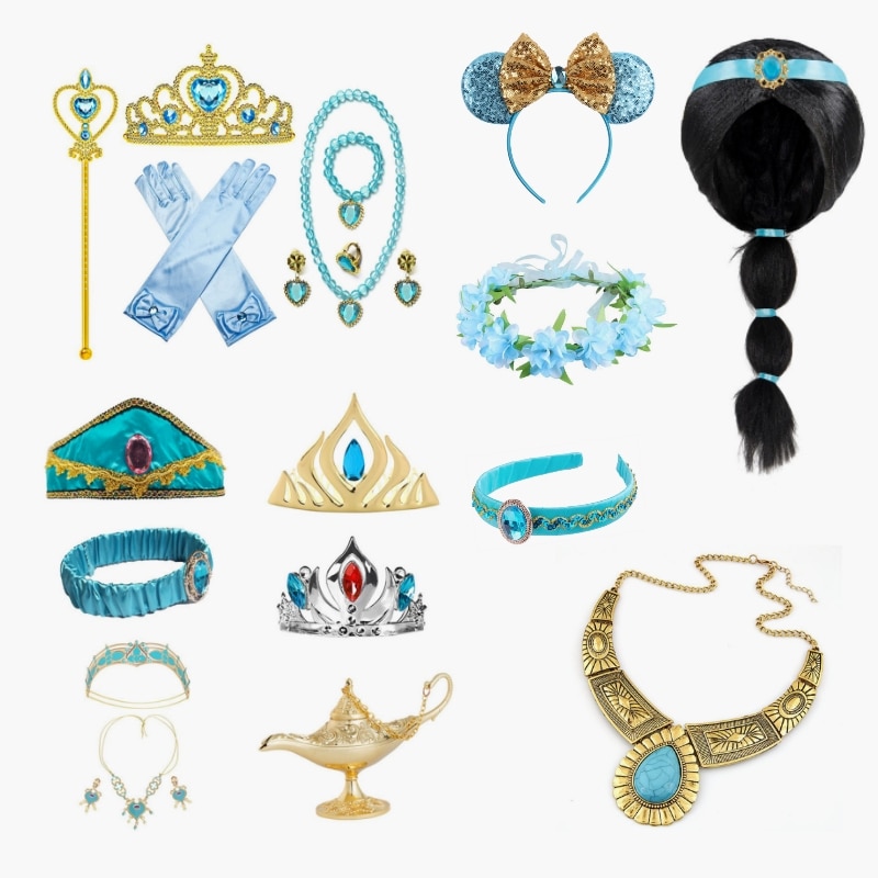 Jasmine Princess Party Cosplay Accessories Dress Up for Girls Tiara Crown Necklace Earrings Gloves Headband Wig Magic Lamp Set