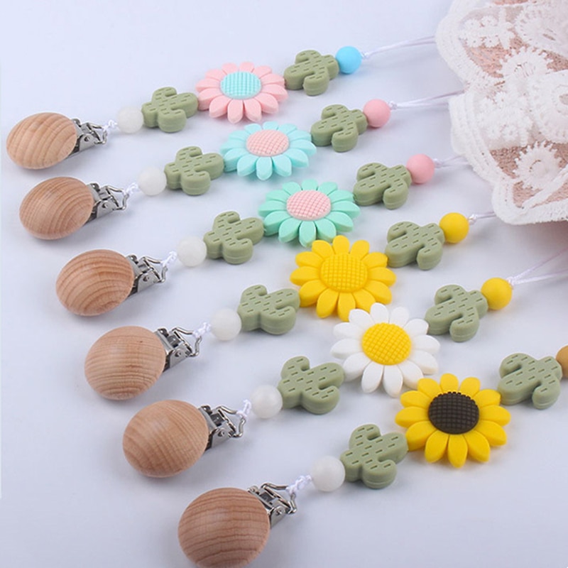 Safety Silicone Baby Infant Toddler Dummy Pacifier Wooden Soother Nipple Clip Chain Holder Strap Sunflower Chew Teether Teething