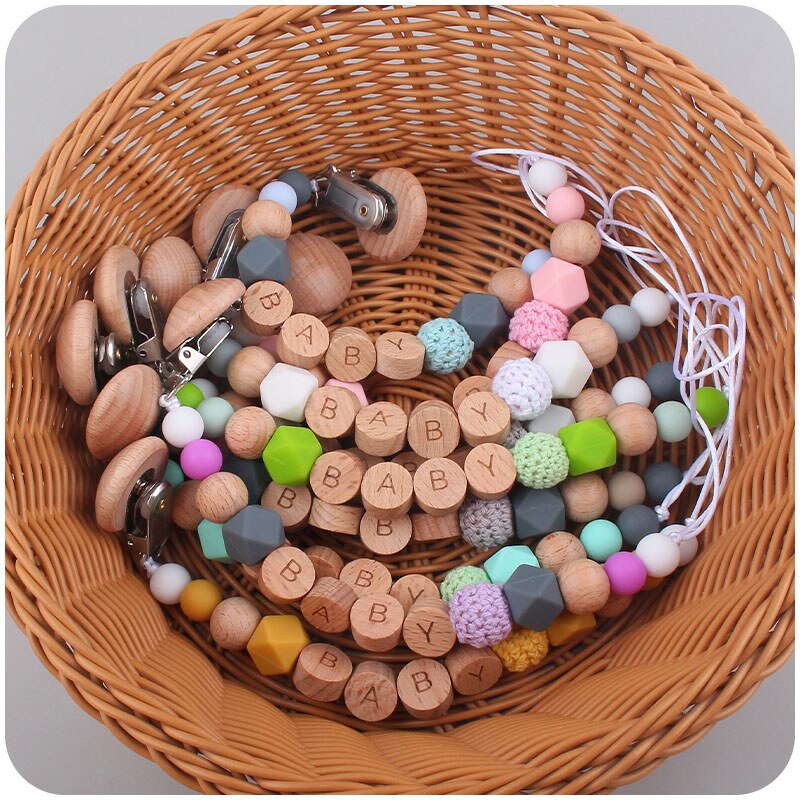 1PC Beech Wood Chew Beads Pacifier Clips Dummy Chain Holder Cute Soother Chains Baby Teething Toy Baby Chew